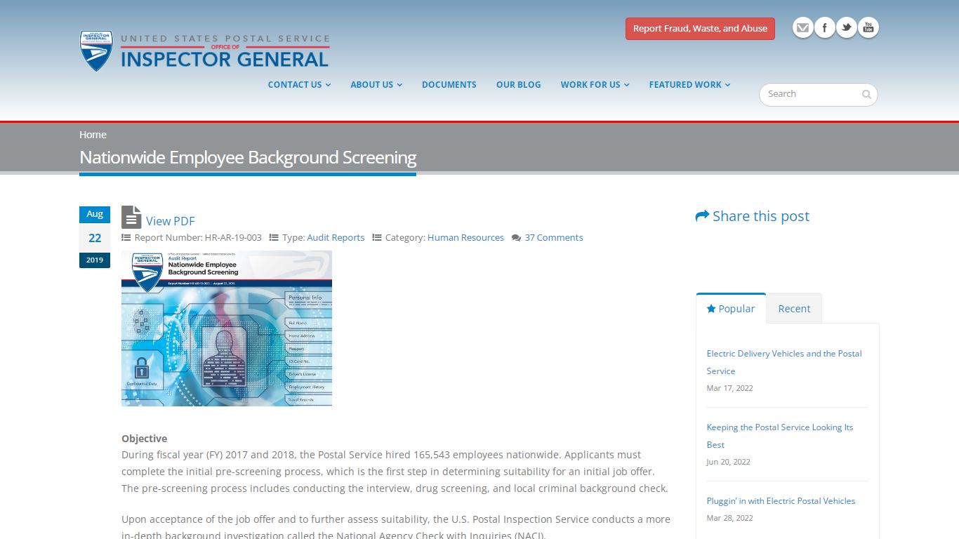 Nationwide Employee Background Screening | USPS Office of Inspector General